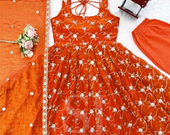 Designer Orange Anarkali Suit, Indian Designer Salwar Kameez Readymade Suit, Pakistani Kurta Palazzo Dupatta Set, Wedding Festival Wear Suit