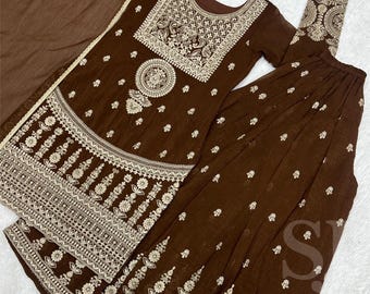 Embroidered Brown Silk Salwar Kameez Set, Pakistani Partywear Kurta Palazzo Dupatta