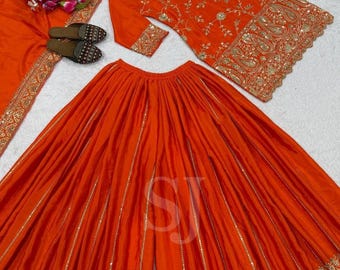 Beautiful Orange Salwar Kameez Readymade for Women Indian Kurta Sharara Set Fully Stitched Kurta Dupatta Set 3Piece Combo, Partywear Outfits