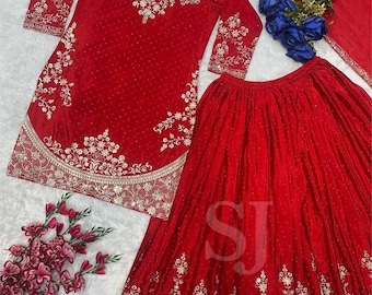 Plus Size Upto 5XL Salwar Kameez Set, Designer Orange Kurta Palazzo Dupatta Set, Big Size Red Green Salwar Suit, Wedding Partywear Kurta Set