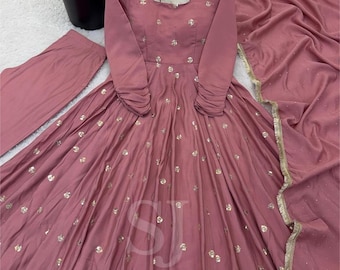 Indian Designer Flair Anarkali Gown Suit, Pink Anarkali Kurta Palazzo With Dupatta Set, Eid Festival Suit, 3 Piece Combo, Partywear Salwar