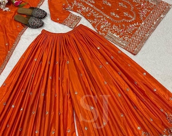 Orange Sharara Suit, Stitched Kurta Palazzo Dupatta Set, Sequence Embroidery, Festival Wear