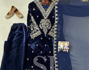 Women Winter Wear Kurta Palazzo With Silk Dupatta Set, Embroidered Salwar Kameez Readymade Suit, Christmas Gift For Her, Velvet Suit Winter