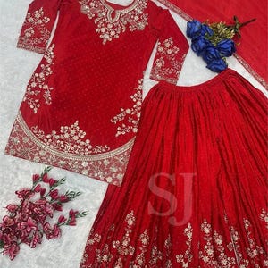 Plus Size Upto 5XL Salwar Kameez Set, Designer Orange Kurta Palazzo Dupatta Set, Big Size Red Green Salwar Suit, Wedding Partywear Kurta Set