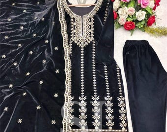 Pakistani Embroidered Sequence Salwar Kameez Ready to Wear, Winter Wear Suit, Velvet Black Kurta Pant & Designer Dupatta Suit For Christmas