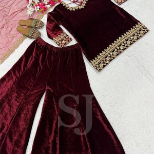Fully Stitched Kurta Palazzo With Embroidered Dupatta Set, Winter Collection for Christmas, Velvet Salwar Kameez Ready to Wear, 3 Piece Set