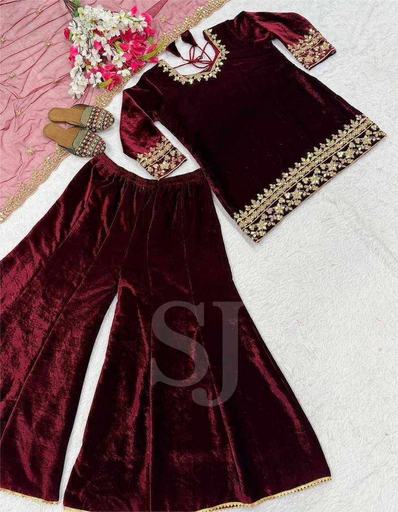 Fully Stitched Kurta Palazzo With Embroidered Dupatta Set, Winter Collection for Christmas, Velvet Salwar Kameez Ready to Wear, 3 Piece Set