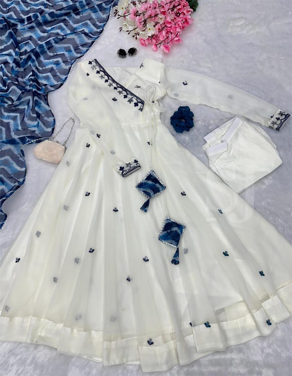 Designer White Salwar Suit, Indian Women Anarkali Kurta Pant With Dupatta Set, Embroidery Sequence Work Kurtas Set, 3Pc Combo For Partywear