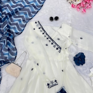Designer White Salwar Suit, Indian Women Anarkali Kurta Pant With Dupatta Set, Embroidery Sequence Work Kurtas Set, 3Pc Combo For Partywear