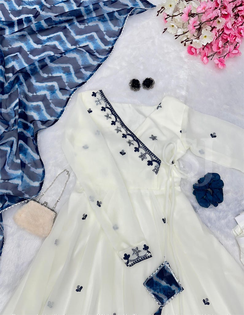 Designer White Salwar Suit, Indian Women Anarkali Kurta Pant With Dupatta Set, Embroidery Sequence Work Kurtas Set, 3Pc Combo For Partywear