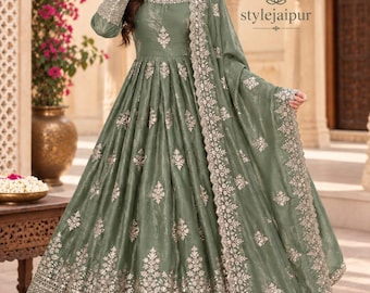 Fully Stitched Fendy Silk Anarkali Kurta Set, Embroidered Dupatta, Bollywood Style Salwar Women