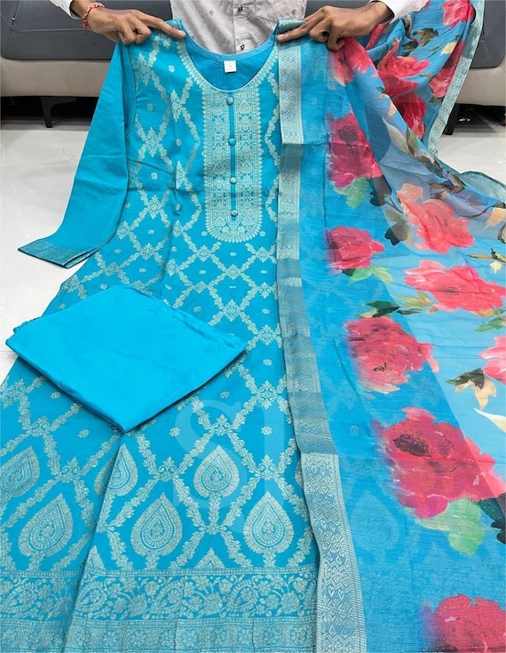 Pure Silk Kurta Palazzo & Designer Dupatta Set, Pakistani Silk Salwar Suit, Women's Salwar Kameez Set, Fully Stitched Combo Sky Blue Purple