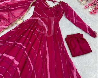 Pink Anarkali Flair Gown Set, Pakistani Salwar Kameez Ready to Wear for Women, 3Pc Suit, Kurta Palazzo Dupatta Set, Partywear Wedding Outfit