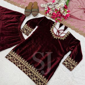 Fully Stitched Kurta Palazzo With Embroidered Dupatta Set, Winter Collection for Christmas, Velvet Salwar Kameez Ready to Wear, 3 Piece Set