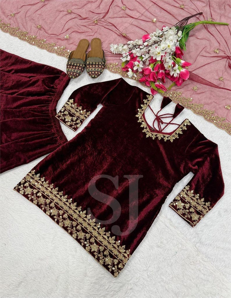 Fully Stitched Kurta Palazzo With Embroidered Dupatta Set, Winter Collection for Christmas, Velvet Salwar Kameez Ready to Wear, 3 Piece Set
