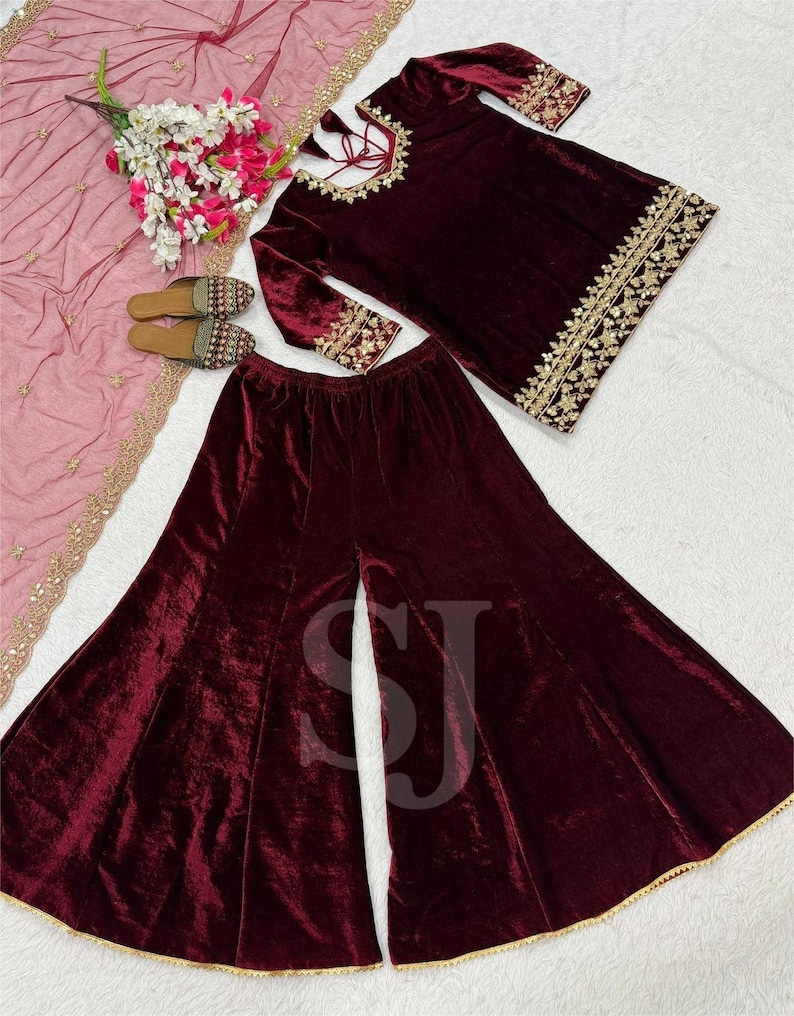 Fully Stitched Kurta Palazzo With Embroidered Dupatta Set, Winter Collection for Christmas, Velvet Salwar Kameez Ready to Wear, 3 Piece Set