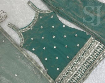 Indian Designer Salwar Kameez Set, Seagreen Silk Kurta Palazzo Dupatta, Festival Wedding Outfit
