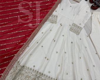 Fully Stitched Kurta Palazzo With Embroidered Dupatta Set, Indian Bollywood Anarkali Kurta Set, 3 Piece Combo Set, Salwar Kameez Readymade