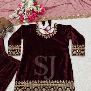 Fully Stitched Kurta Palazzo With Embroidered Dupatta Set, Winter Collection for Christmas, Velvet Salwar Kameez Ready to Wear, 3 Piece Set