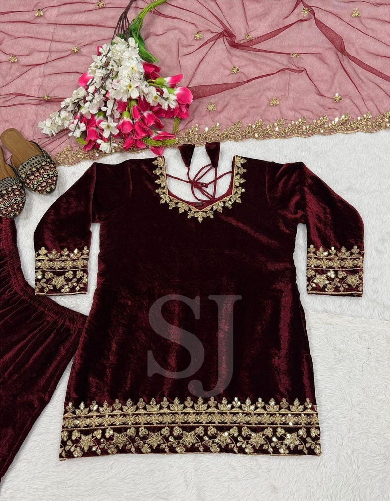 Fully Stitched Kurta Palazzo With Embroidered Dupatta Set, Winter Collection for Christmas, Velvet Salwar Kameez Ready to Wear, 3 Piece Set