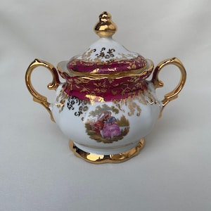 Vintage Bavaria Sugar Bowl – Handpainted 22K Gold Porcelain, German Handarbeit, Floral Design, Mid Century Elegant Serveware