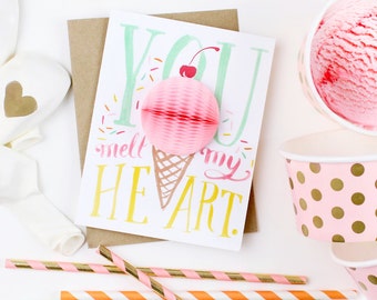 You Melt My Heart // Pop-Up Greeting Card // Ice cream card, pop up card, summer birthday card, foodie card, hand lettered thank you card