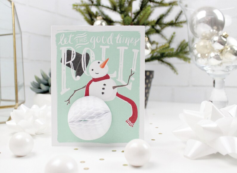 Pop-Up Christmas Card // Snowman // Christmas card, winter card, snowman, holiday card, honeycomb, children's card, Let the good times roll image 2