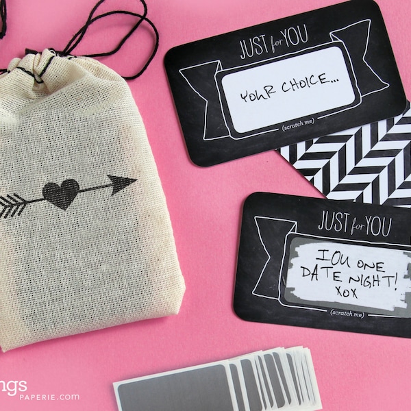 24 Scratch-off Love Notes or Valentine's Day Love Coupons //Mini Cotton Drawstring Bag, love coupons, DIY anniversary or valentines day gift