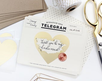 6 Scratch-off Telegrams // Be My Maid of Honor Card, Will You Be My Bridesmaid Proposal, Bridesmaid Box, Vintage // Classic Cream & Black