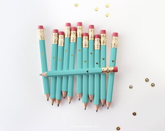 12 Gold Foil Heart Teal Mini Pencils // Bridal or Baby Shower Game Pencils, Mini Pencils, Golf Pencils, Shower Favor, Blue Pencils, Weddings