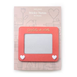May include: A coral-colored "Sketch-A-Note" sticky note pad with a white rectangular space for writing. The pad has two white heart-shaped accents and is set against a light pink background with a pixelated design. The text "INKLINGS Sticky Notes 50 Sheets" is at the top.