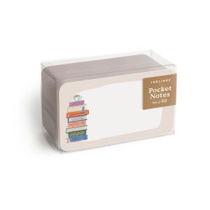 May include: A box of 50 pink and white pocket notes with a stack of illustrated books and a cup of coffee on the front. The box says "Inkling's Pocket Notes Set of 50".