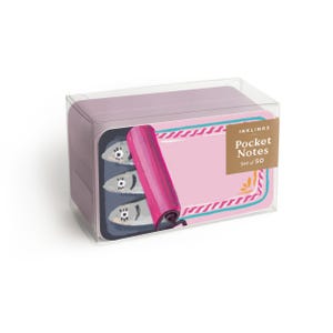 May include: A clear plastic box containing a set of 50 Inklings Pocket Notes. The top note features a graphic of three stylized fish on a dark background next to a bright pink roller tool, with a light pink rectangular area for writing text.