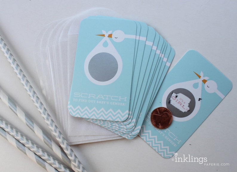 12 Baby Gender Reveal Scratchoff Cards // Grey Stork // Etsy