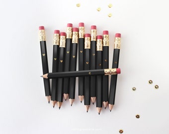 Black and Gold Foil Heart Mini Pencils // Bridal or Baby Shower Game Pencils, Mini Pencils, Golf Pencils, Wedding Pencils, Shower Favor