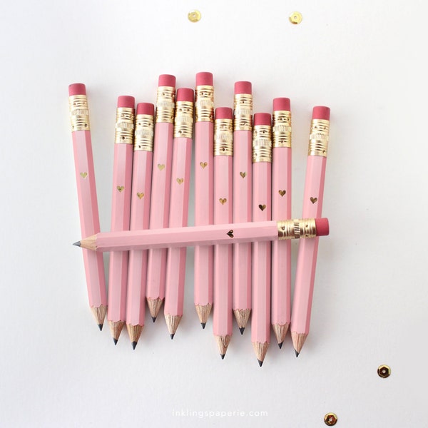 12 Pink and Gold Foil Heart Mini Pencils // Bridal or Baby Shower Game Pencils, Mini Pencils, Golf Pencils, Wedding Pencils, Shower Favor