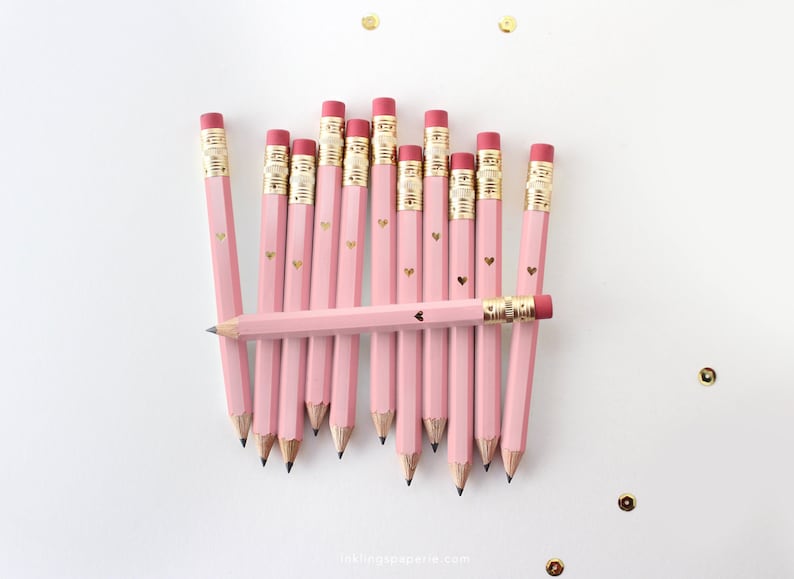 12 Pink and Gold Foil Heart Mini Pencils // Bridal or Baby Shower Game Pencils, Mini Pencils, Golf Pencils, Wedding Pencils, Shower Favor image 1