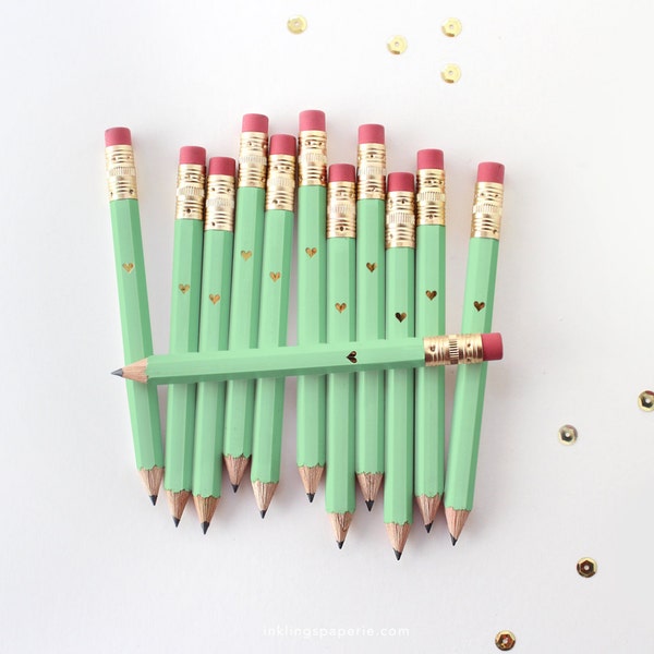 12 Gold Foil Heart Mint Green Mini Pencils // Bridal or Baby Shower Game Pencils, Mini Pencils, Golf Pencils, Wedding Pencils, Shower Favor