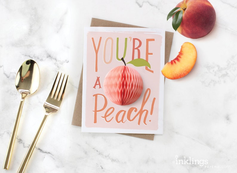 You're a Peach // Pop-Up Greeting Card // foodie card, friendship card, love card, hand lettered greeting card, thank you card, friendship image 1