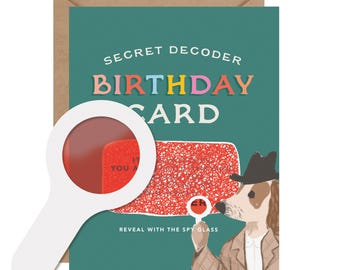 Secret Decoder Card // Birthday Card, Spy Dog Birthday Party, Hidden Message, Boy Birthday Card, Girl Birthday Card, Spy Gift, Dog Detective