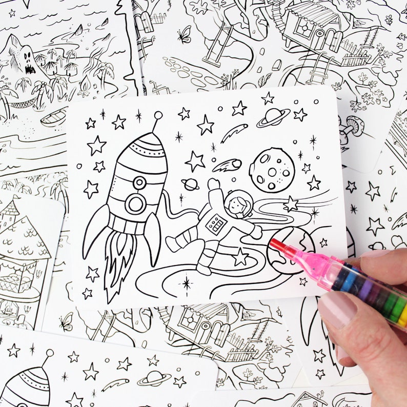 Color-In Postcards Kit with Crayon // Kids DIY Adventure Postcard Kit image 2