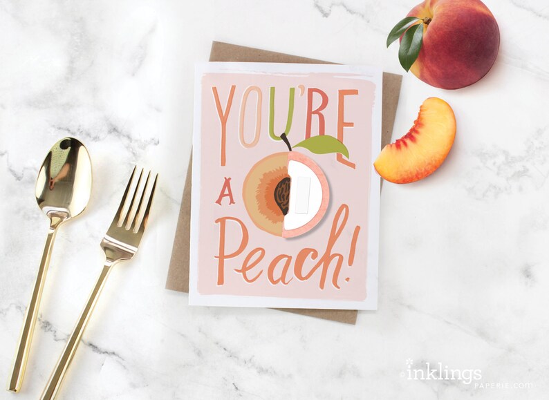 You're a Peach // Pop-Up Greeting Card // foodie card, friendship card, love card, hand lettered greeting card, thank you card, friendship image 2