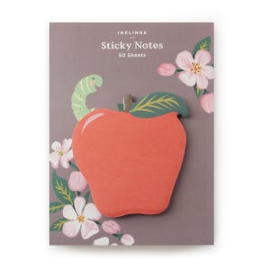 May include: A pack of 50 apple-shaped sticky notes by Inklings. The packaging features a dark gray background with pink floral illustrations and a small green caterpillar. The sticky note itself is a solid red apple shape with a green leaf.