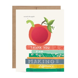 May include: A thank you card with a red apple illustration and a green worm. The text on the card reads "scratch the apple!" and "Thank you for making a difference".