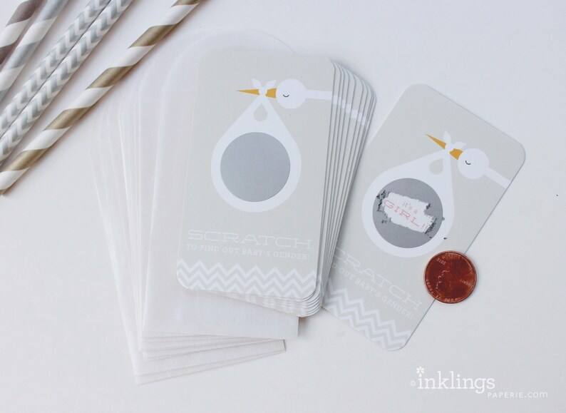 12 Baby Gender Reveal Scratchoff Cards // Grey Stork // Etsy