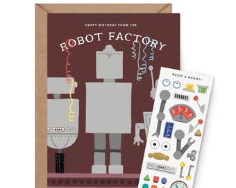 Puede incluir: Una tarjeta de cumpleaños de color granate oscuro con robots grises y el texto "HAPPY BIRTHDAY FROM THE ROBOT FACTORY" con serpentinas de colores. Incluye una hoja de pegatinas con el texto "BUILD A ROBOT!" con piezas de robot.