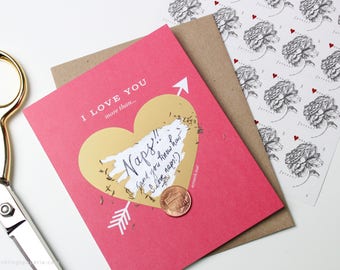 Scratch-off Love Card // Write your own message, I love you Card, Wedding Card, Groom Card, I love you more than  // Red and Gold Heart