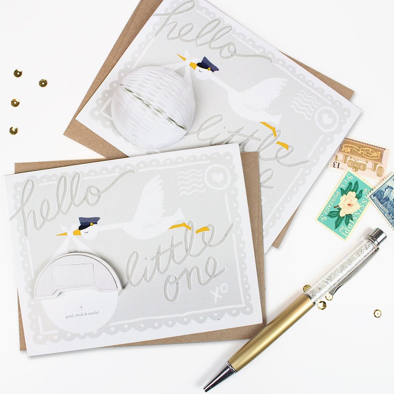 Pop-Up Stork Card // baby shower card, new baby card, gender neutral baby card, welcome baby card image 4