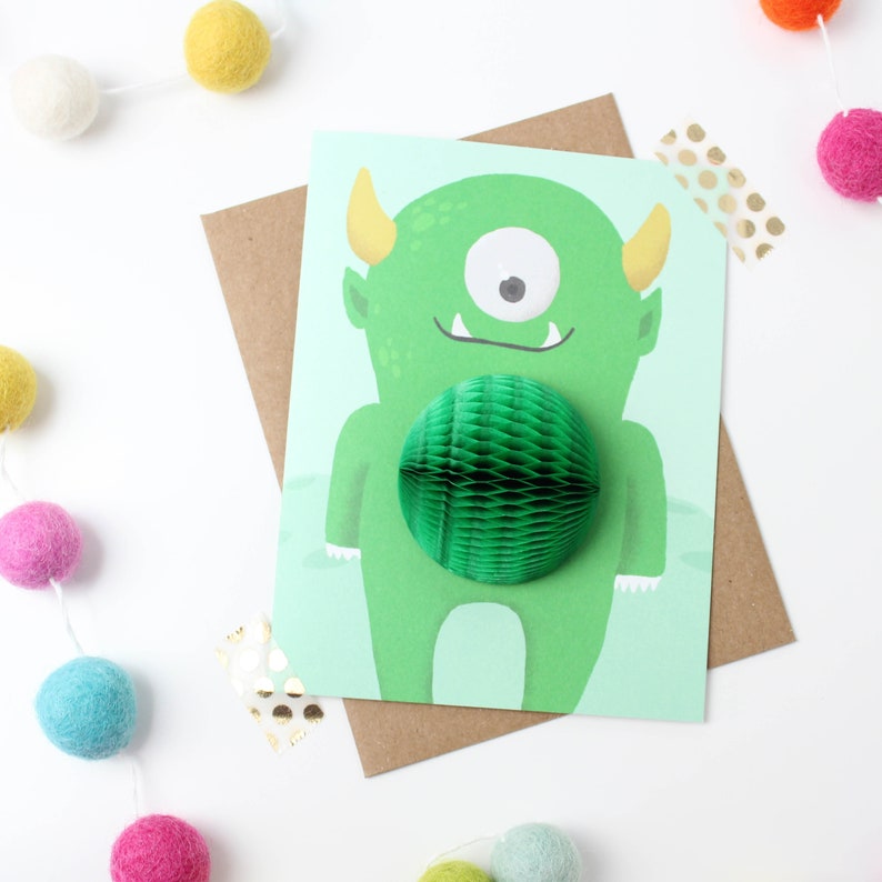Pop-up Monster Card // Kid Birthday Card, Monster Party, Boy Birthday Card, Green Monster image 1