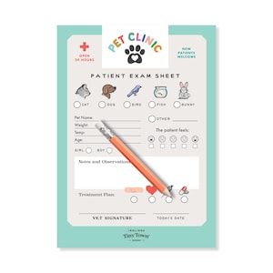 Puede incluir: Una hoja de examen de paciente para clínica veterinaria con borde verde azulado, con iconos de gato, perro, pájaro, pez y conejo. El formulario incluye campos para nombre, peso, temperatura, edad y sexo, con un lápiz naranja colocado en diagonal.